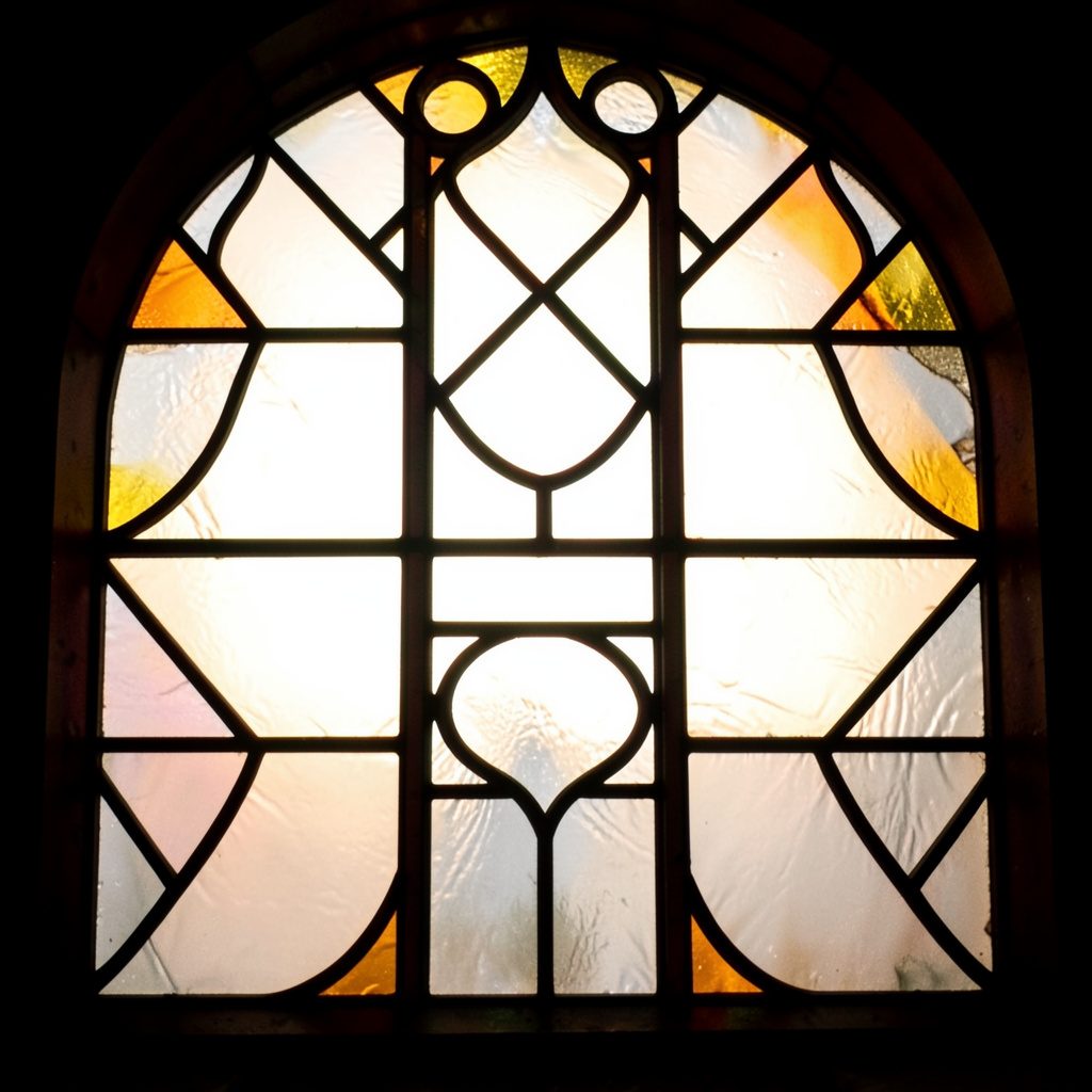 A stained-glass style composition with bold leaded segments in deep teal, slate blue, and warm amber, evoking a quiet terminal window