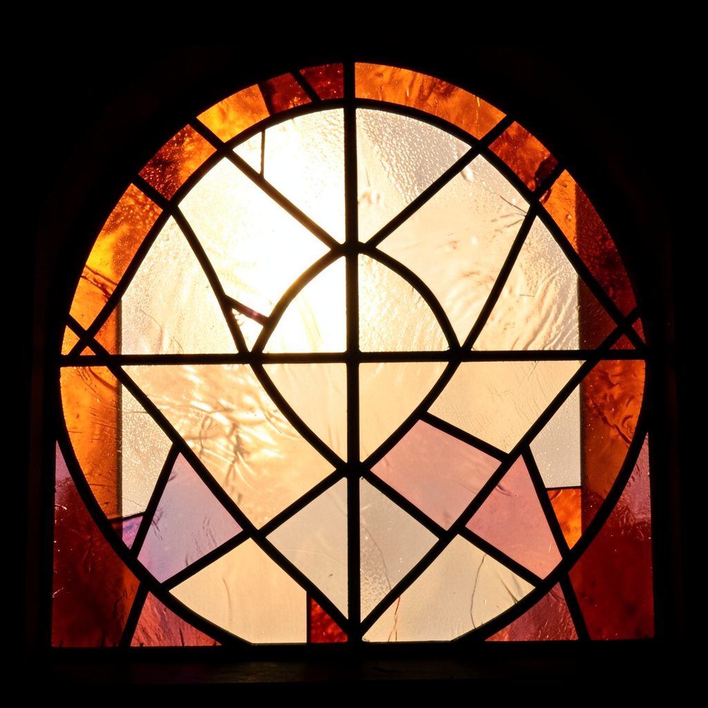 Stained-glass composition with bold leaded segments in deep teal, amber, and violet tones, conveying a structured and authoritative mood.